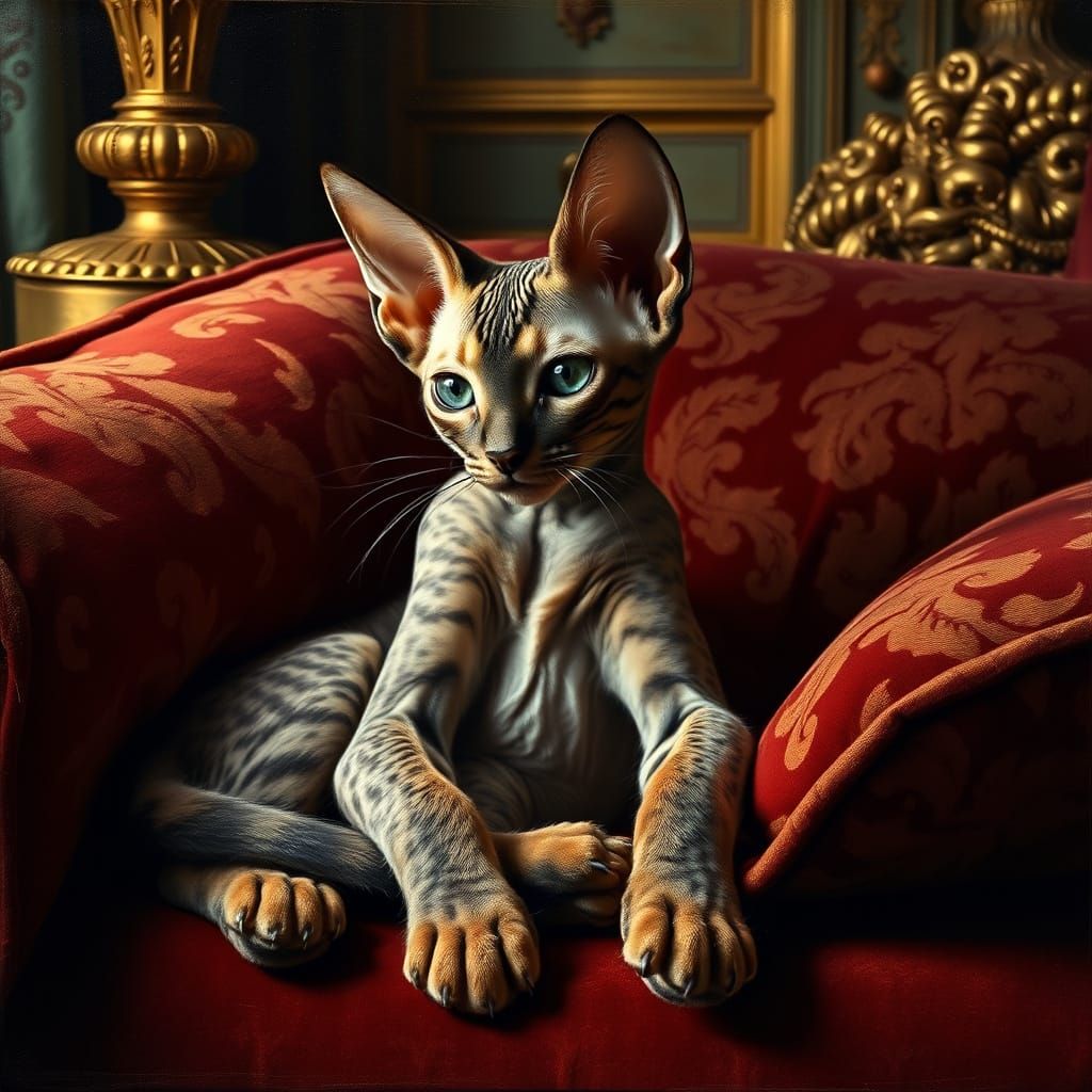 Regal Sphinx Kitten in Baroque Oil Painting Style