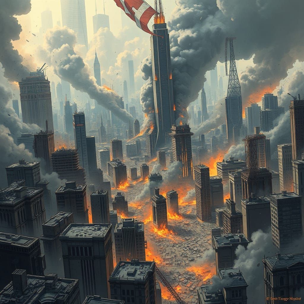 Apocalyptic Disaster in Ruined Cityscape Illustration