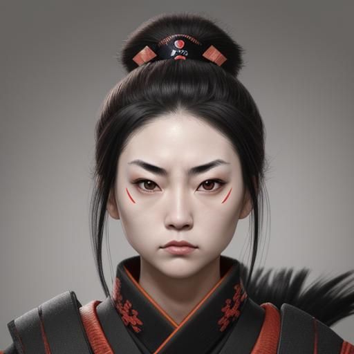 Female SAMURAI ninja, without mask, showing perfect chin, symmetrical face,