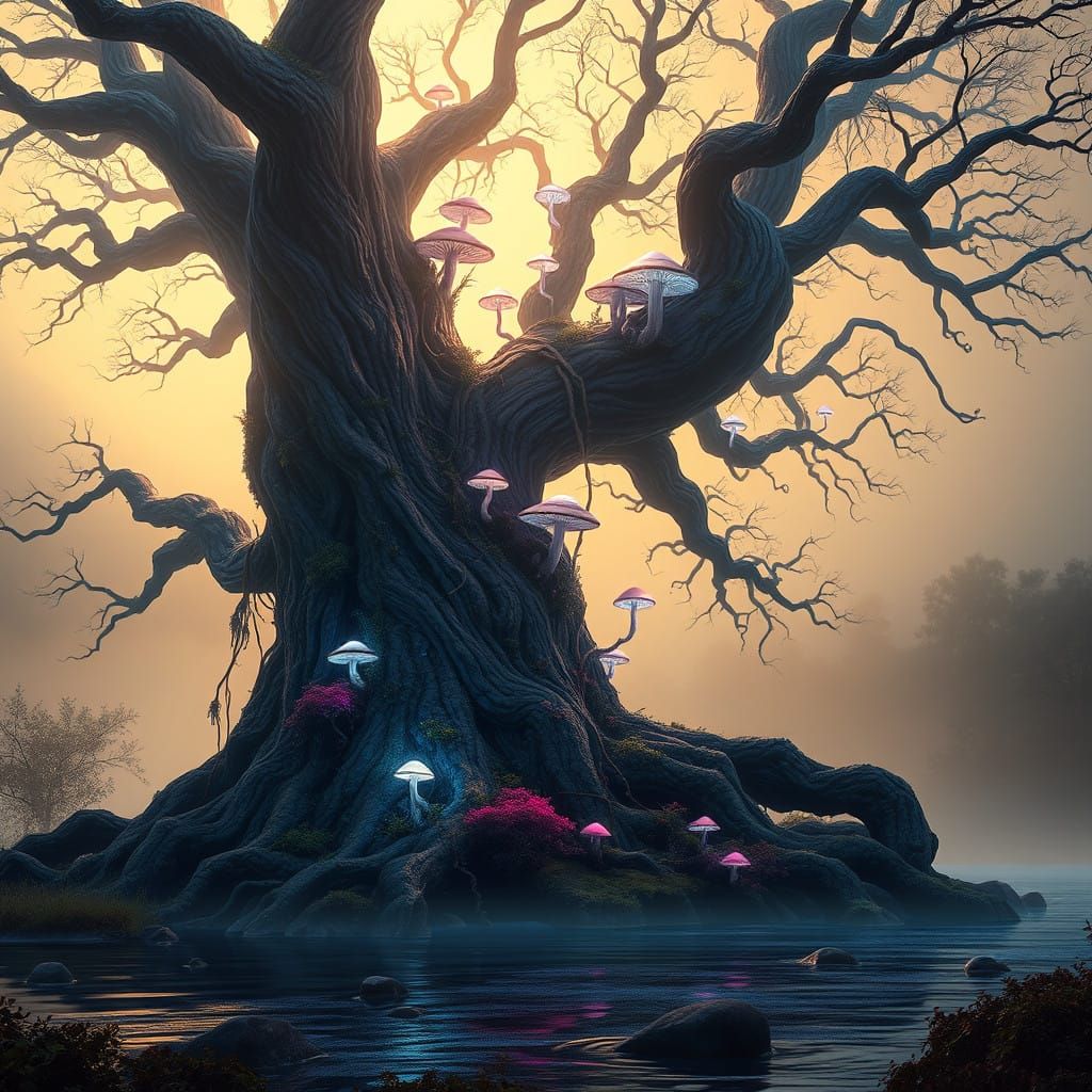 Ancient Riverbank Guardian in Mystical Atmosphere