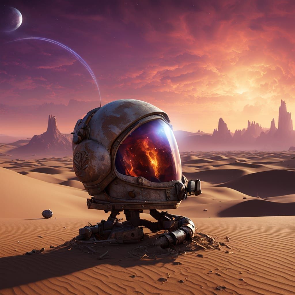 Weathered Astronaut Helmet in Desert Sunset