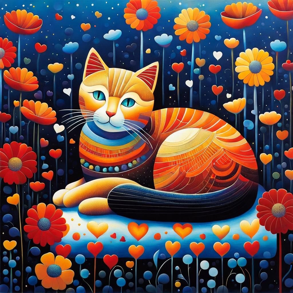 Cute Cat Surrounded by Flowers in Dubbeldam Style