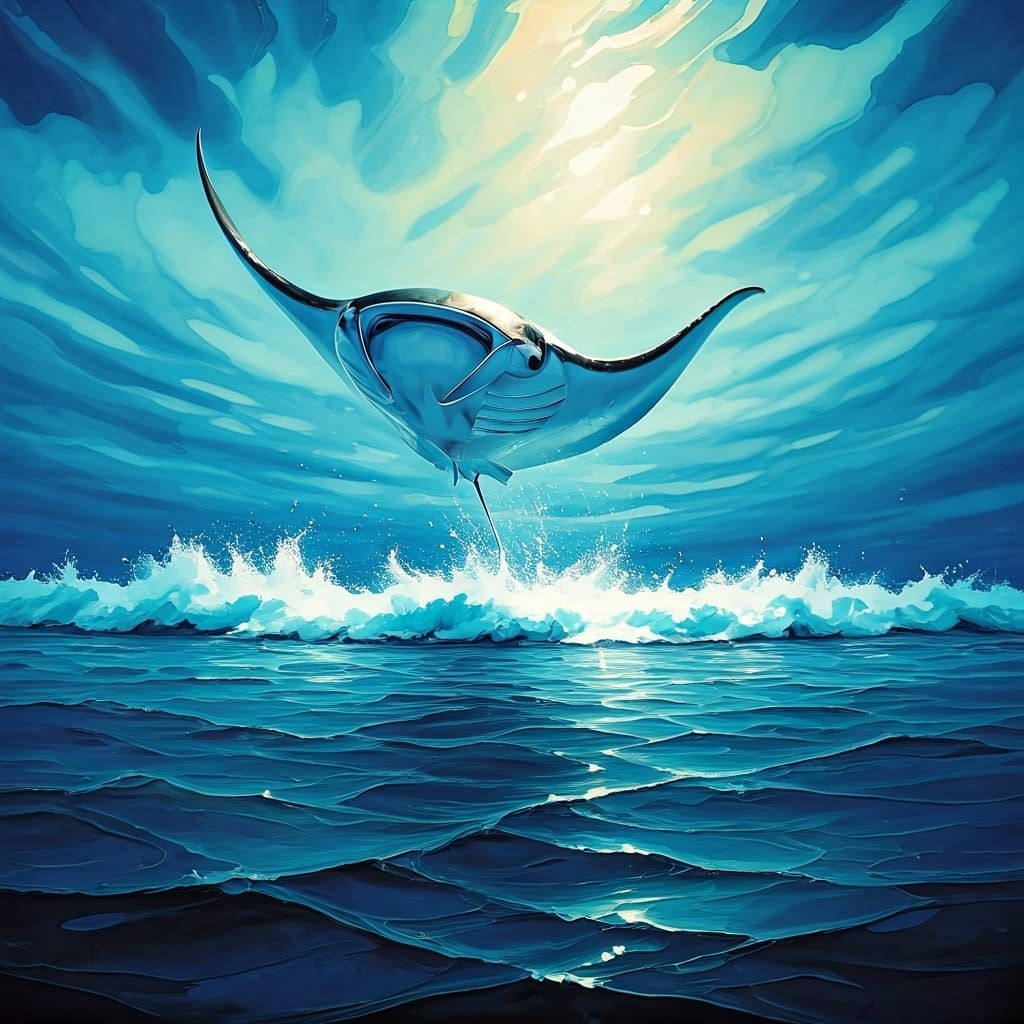Manta Ray Breaching in Impressionist Gouache Style