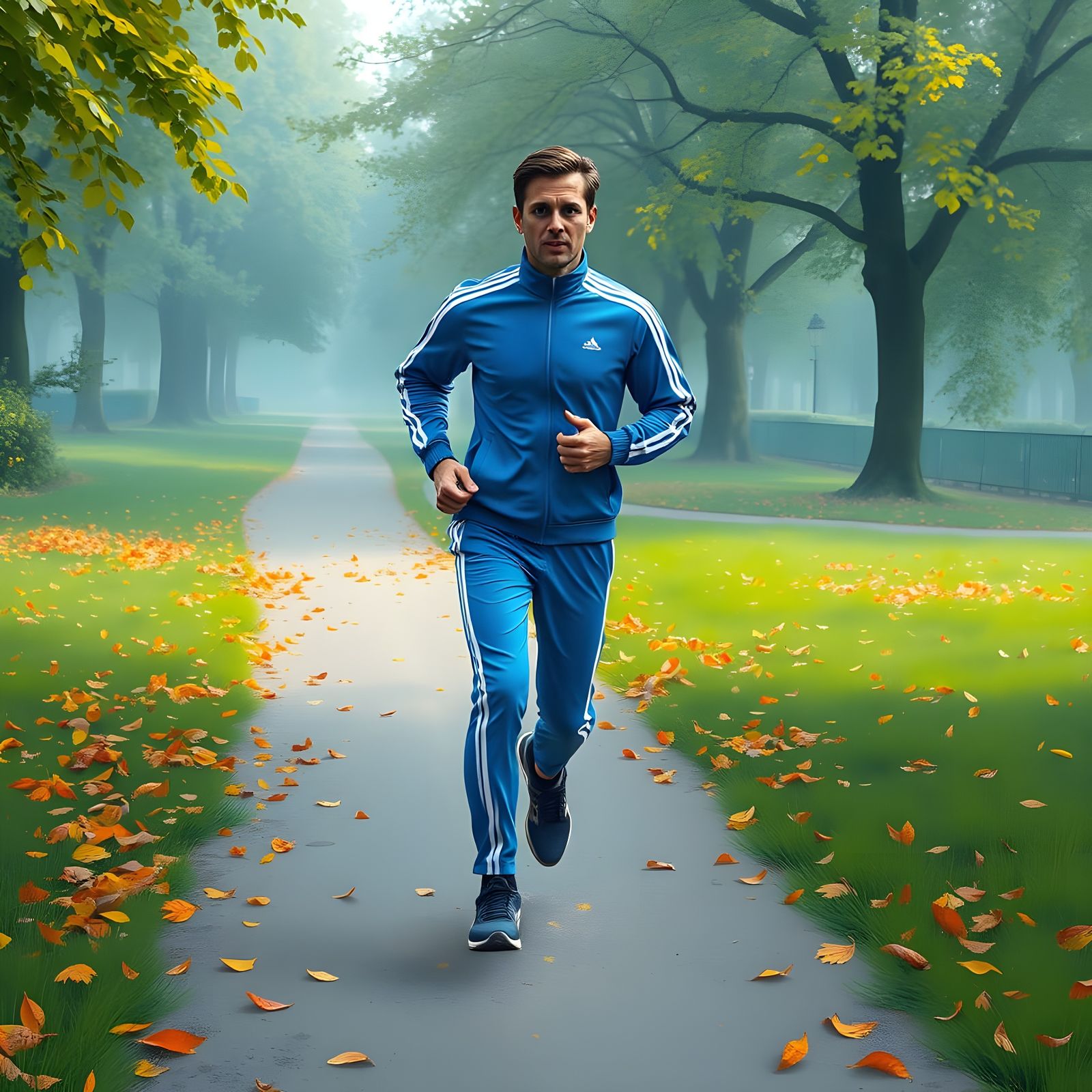 Man in Motion Through a Vibrant Park Landscape