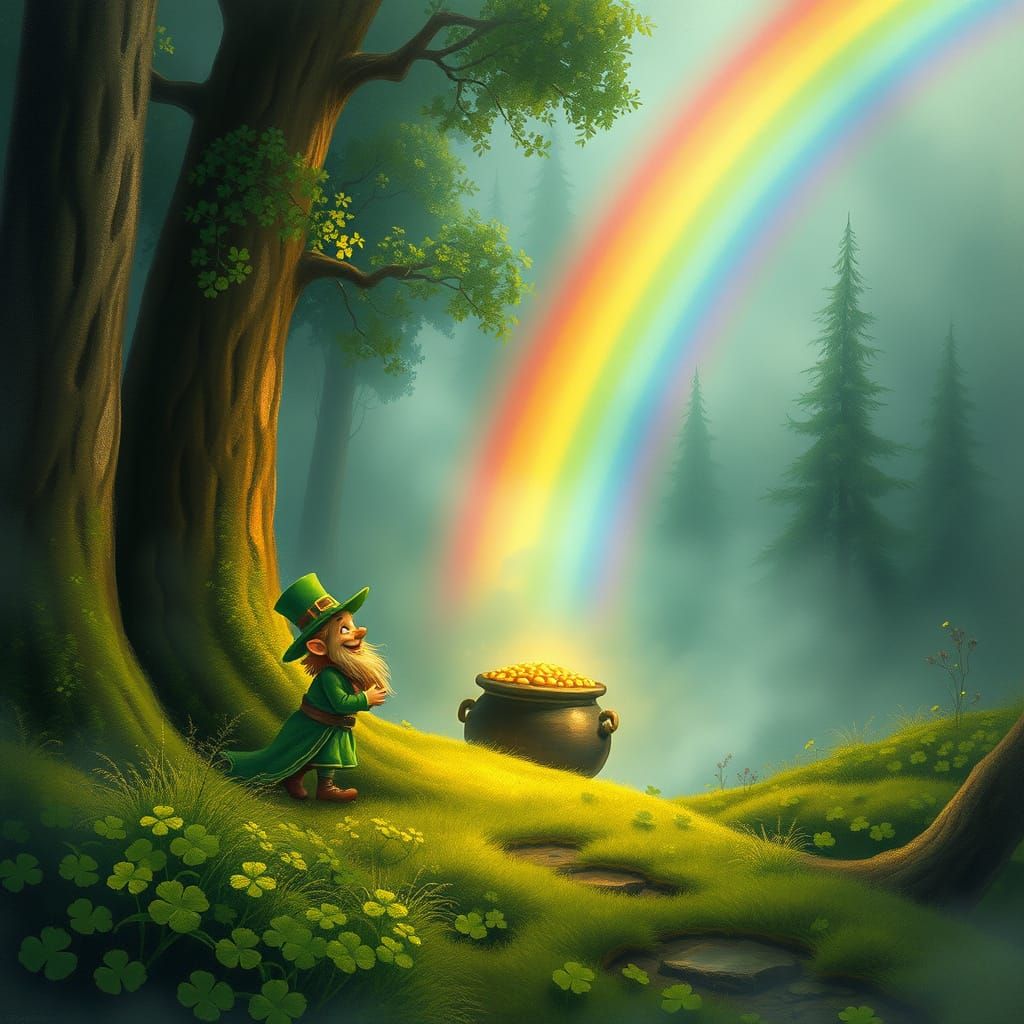 Whimsical Leprechaun Discovers Pot of Gold in Enchanted Fore...