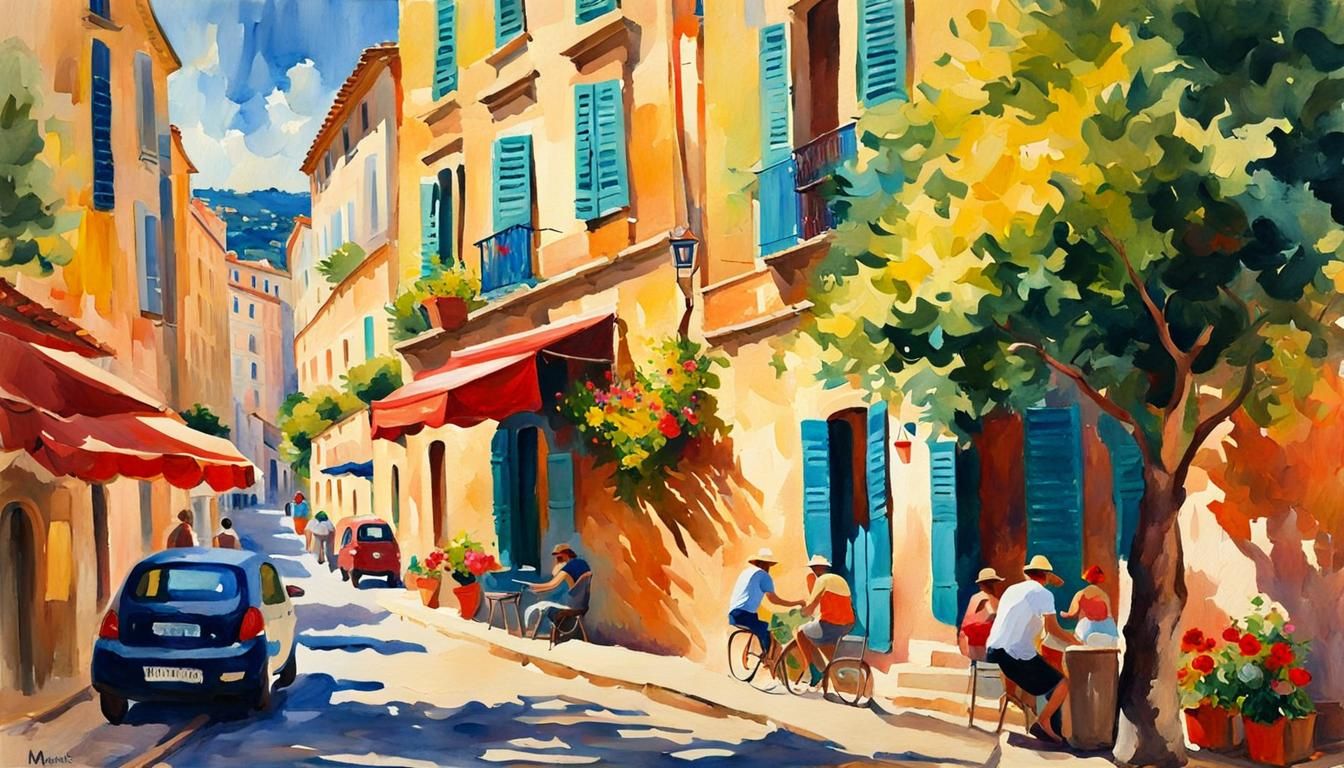 Marseilles Summer Scene in Gouache Watercolor Style