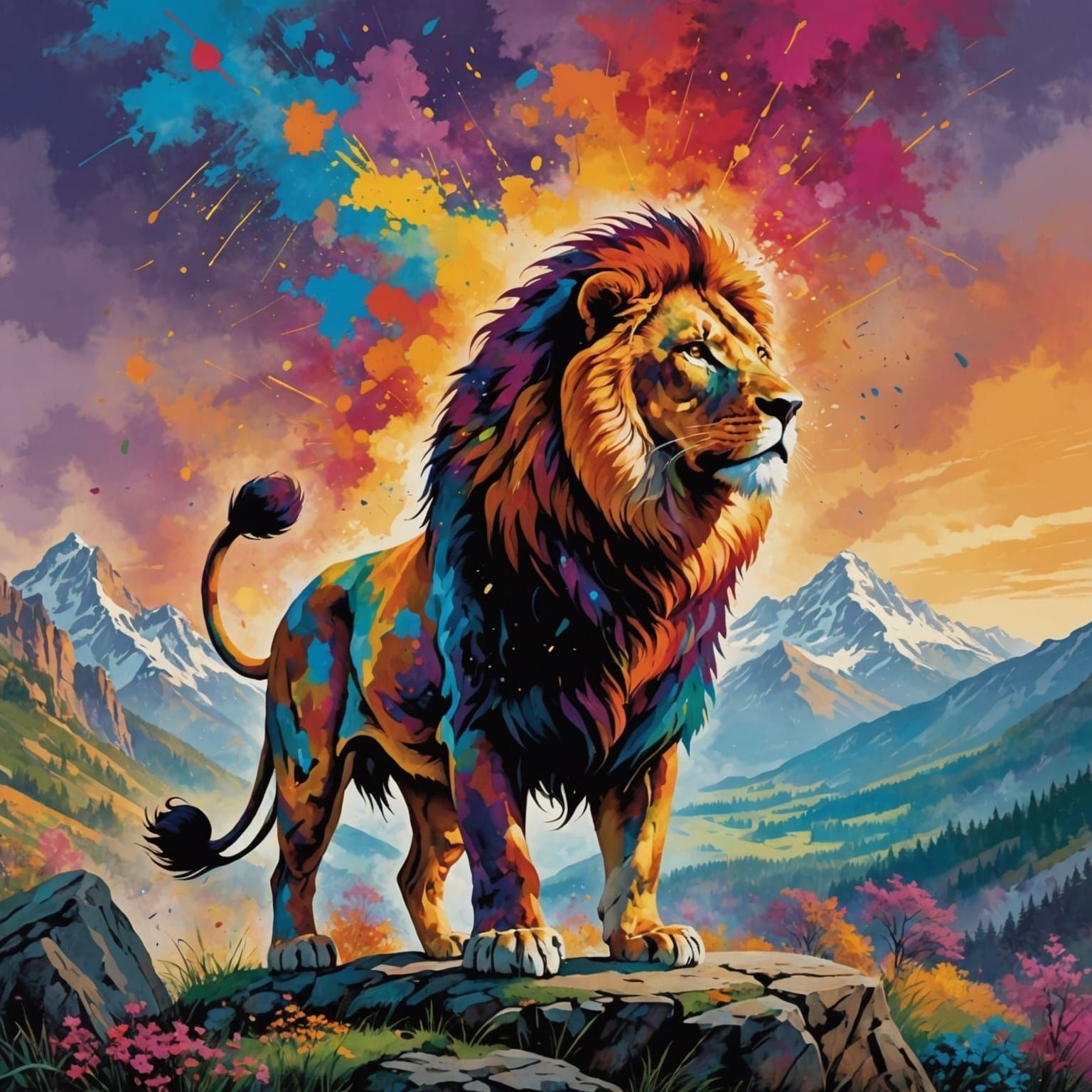 Lion Silhouette in Splatter Art Style