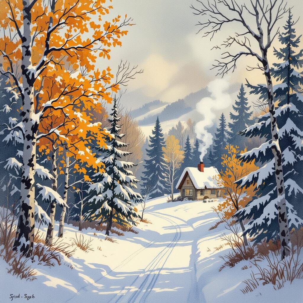 Snowy Forest Scene with Distant House, in Watercolor Style