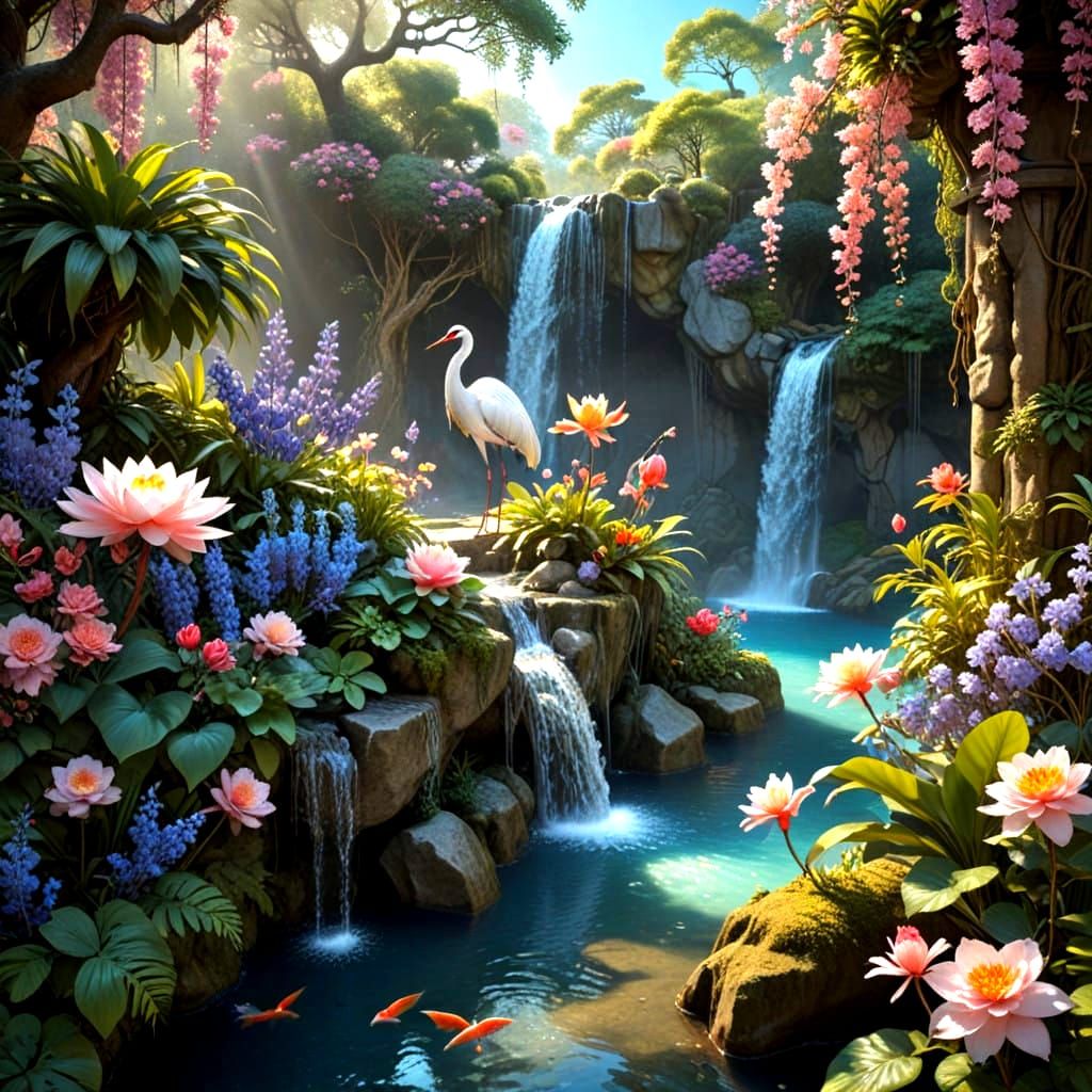 Elegant Pastel Crane in Hyper-Realistic Japanese Garden