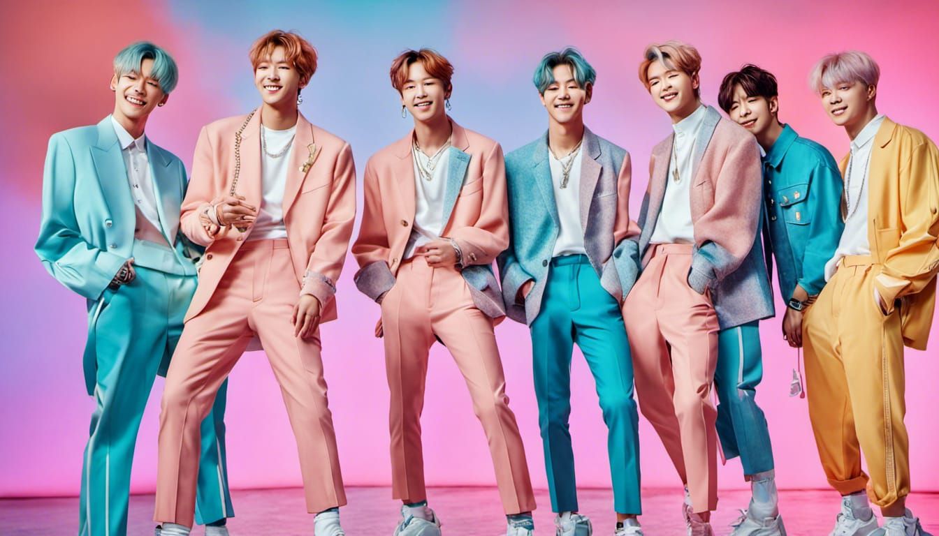 BTS Group Portrait in Pastel Colors, Hyperrealistic Style