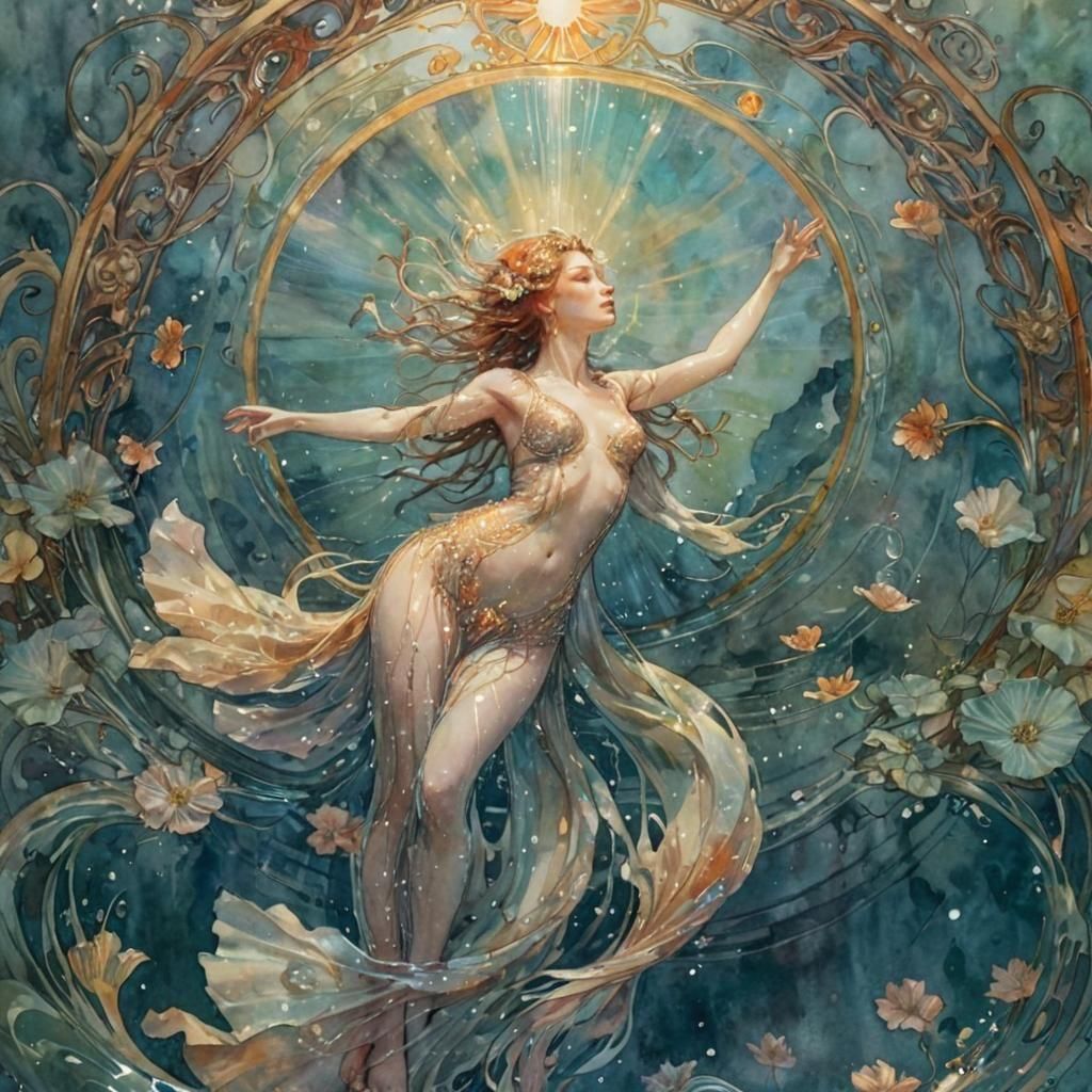 Underwater Shimmering Sun Rays in Watercolor Style