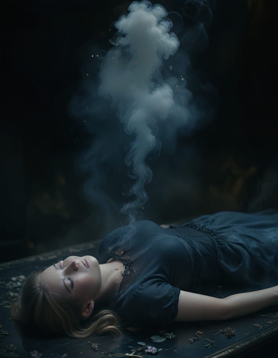 Scandinavian Woman on Flowery Table: Photographic Realism