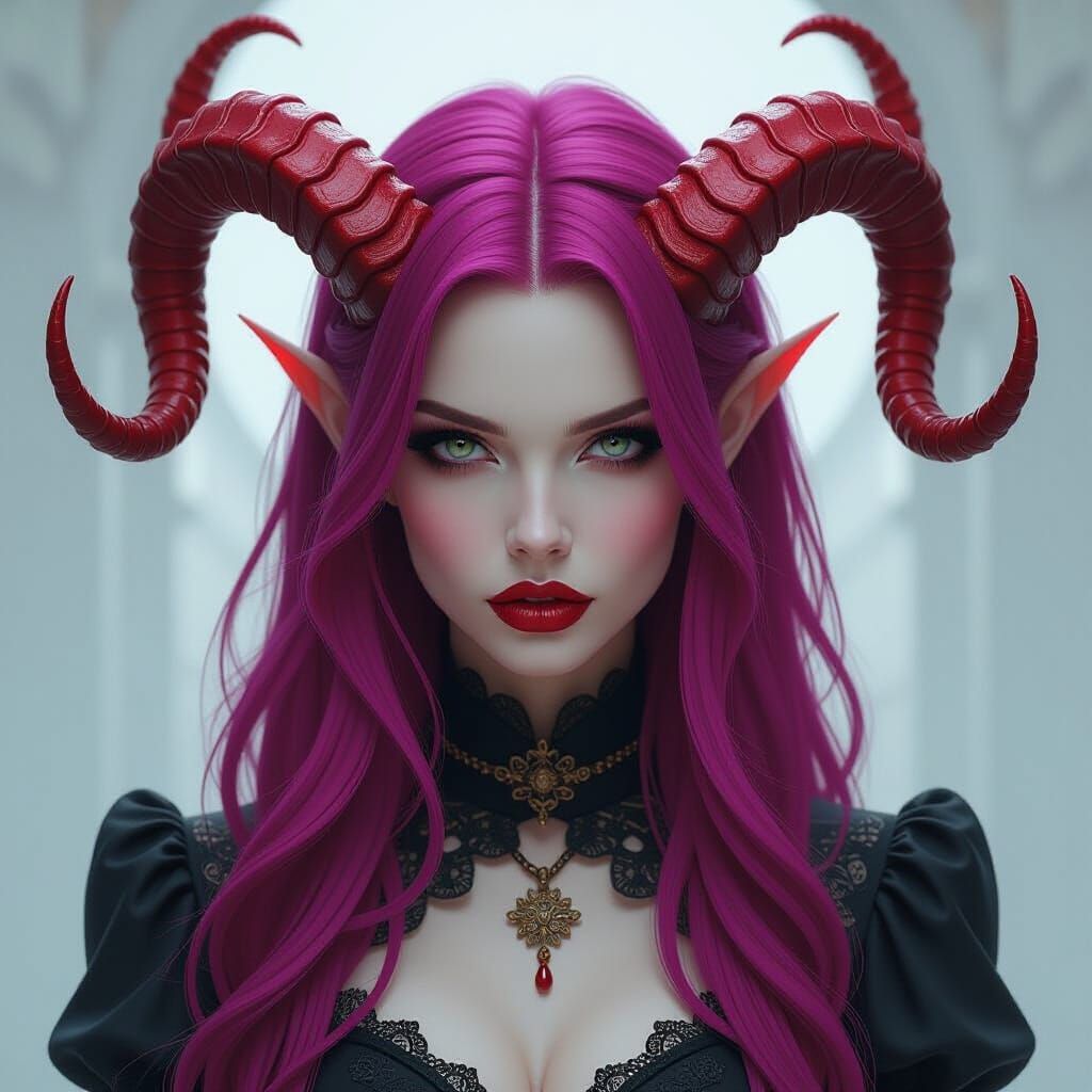 Sinister Woman with Red Horns in Dark Fantasy Style