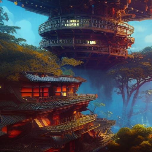 Tanuki Pilot Soaring Through Fantasy Landscape