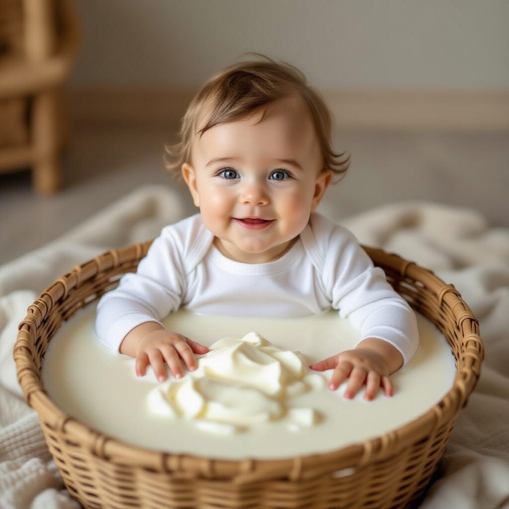 Chubby Toddler Sits in Giant Bowl of Cereal and Milk