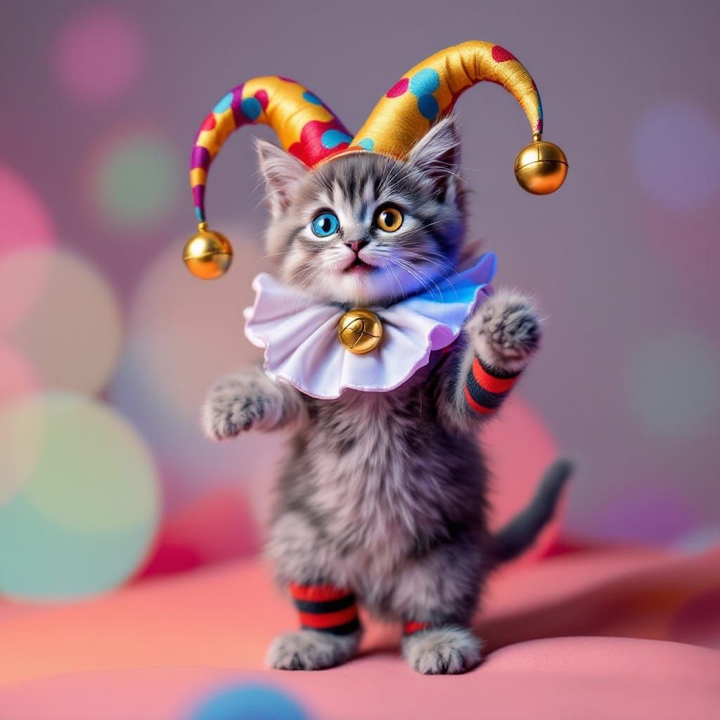 Whimsical Gray Kitten in Jester's Costume Dances with Joy