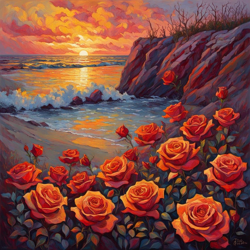 Surreal Sunset Landscape with Red and Yellow Roses