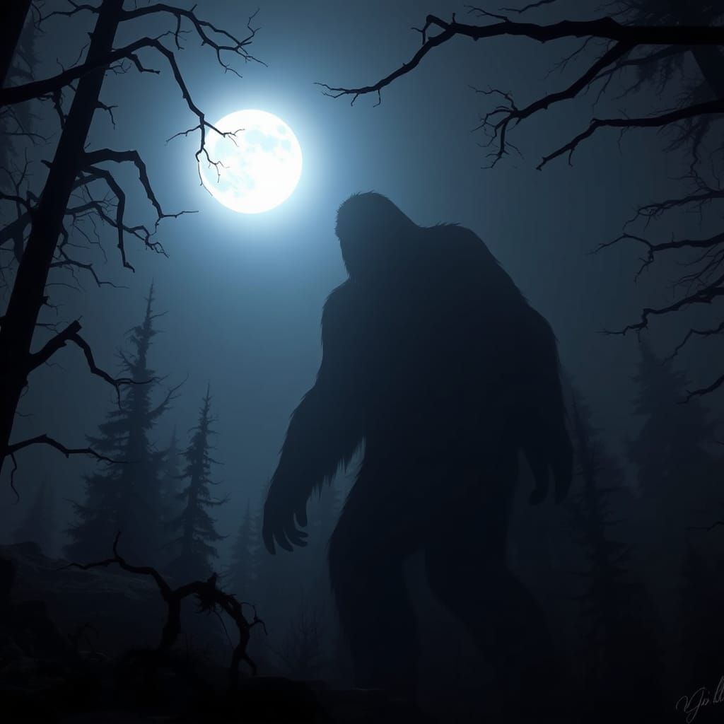 Bigfoot looking ominous, background of a dark Forrest at night a full moon over head
