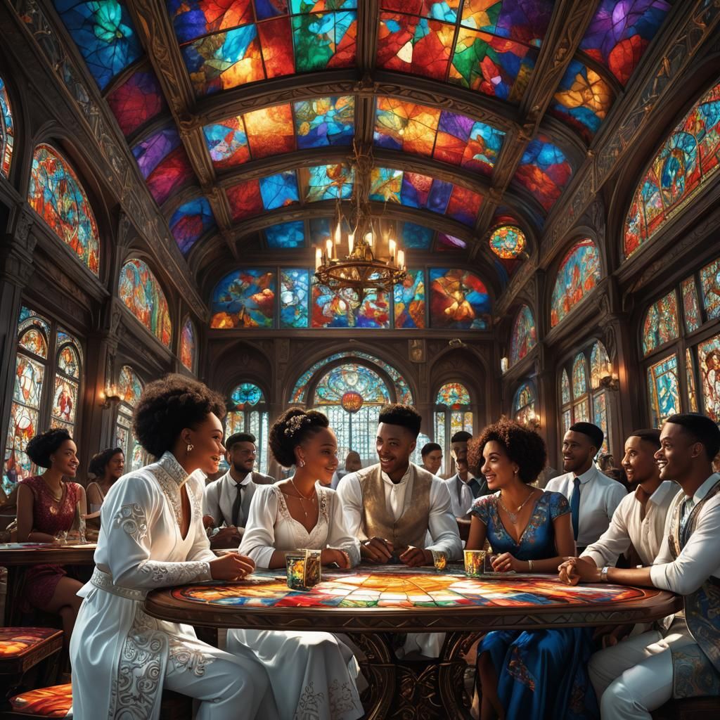 Vibrant Fantasy Illustration: People Celebrating in White