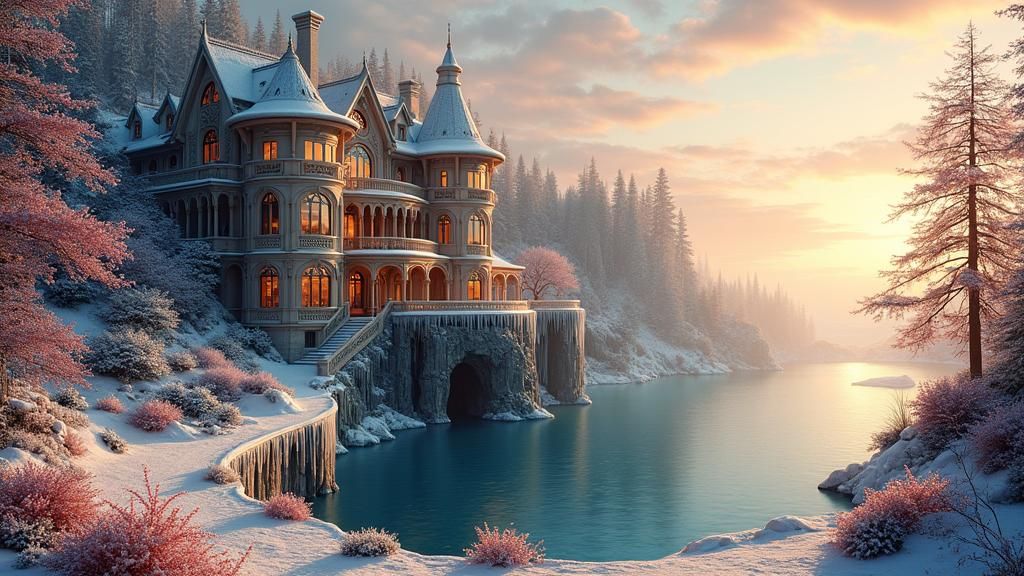 Majestic Cliffside Mansion in a Vibrant Winter Garden