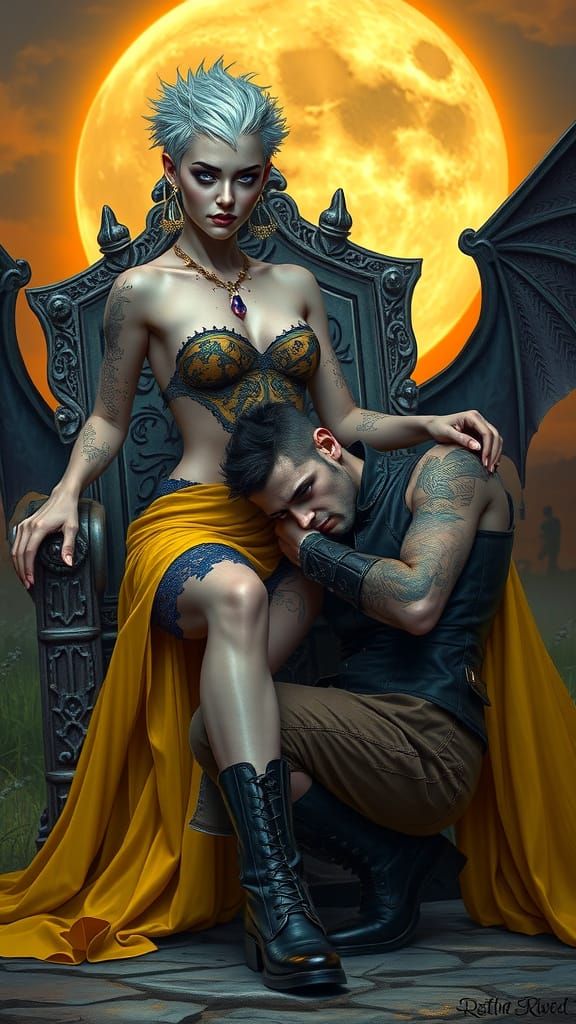 Regal Vampire Goddess with Shadow King in Dark Fantasy Scene