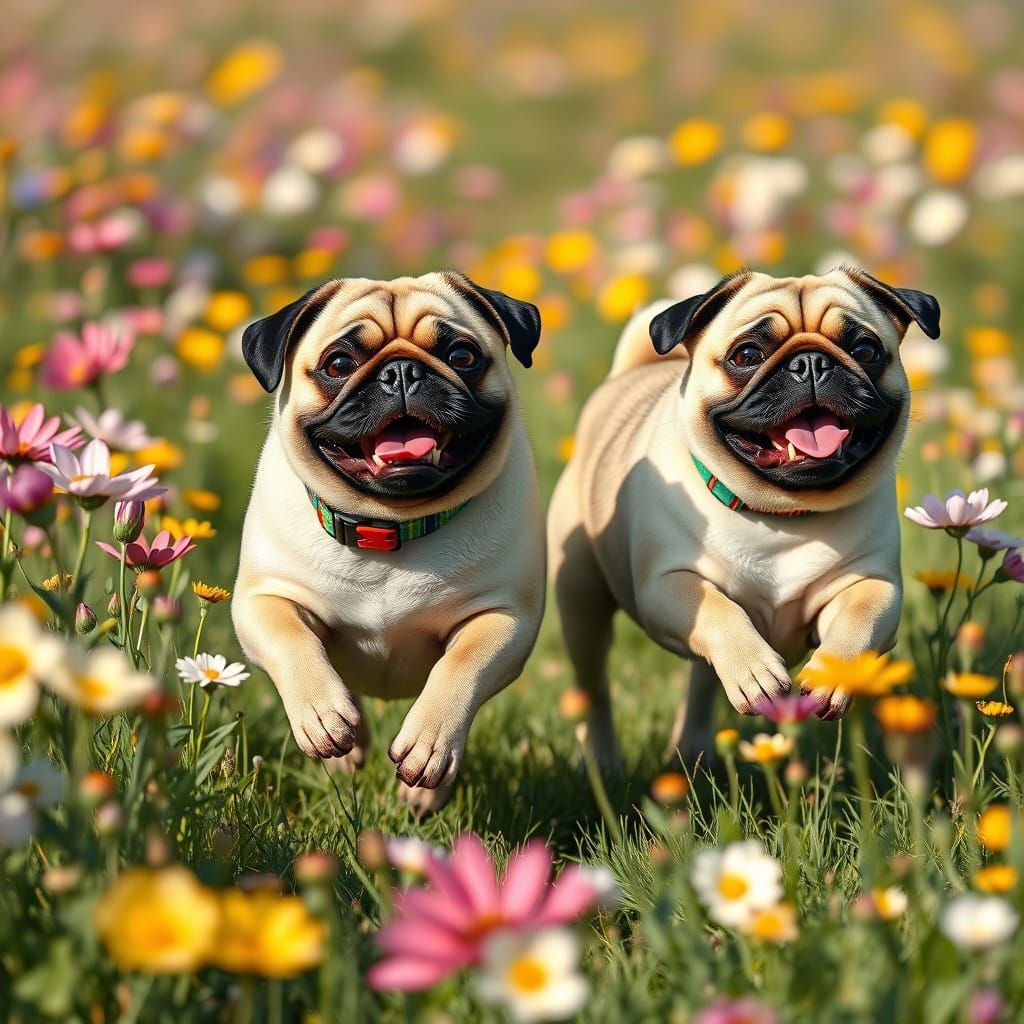 Pugs Play in Wildflower Meadow, Realistic Digital Art