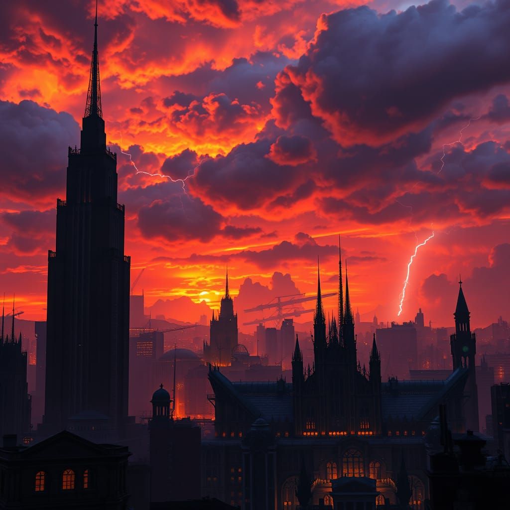 Cyberpunk Cityscape Under Fiery Skies