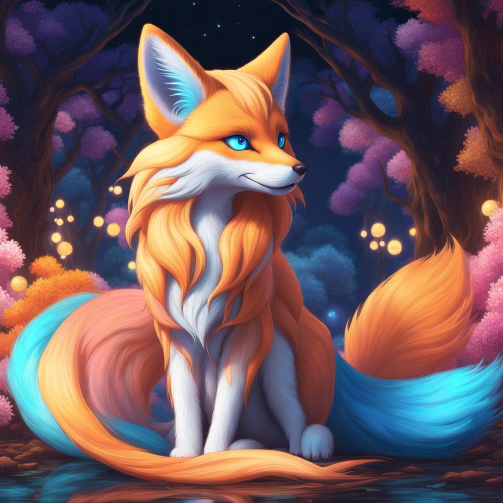 Magical Kitsune with Pastel Tails: Detailed Matte Painting
