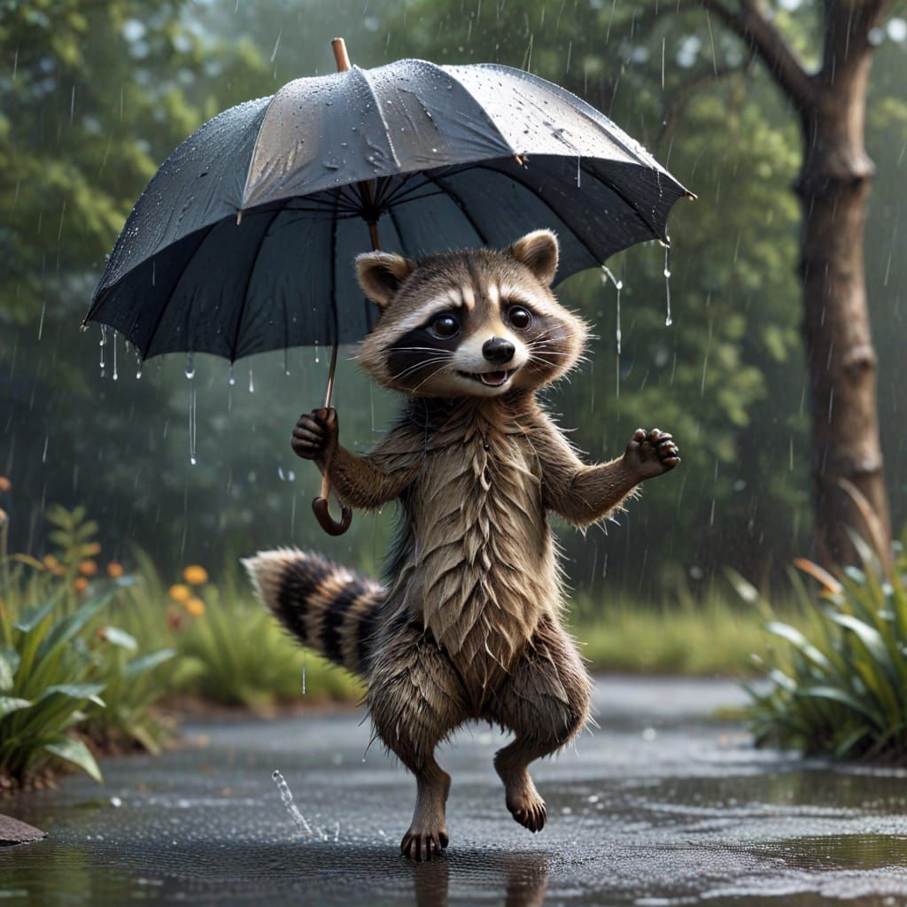 3D Raccoon Dancing in the Rain: Whimsical Art