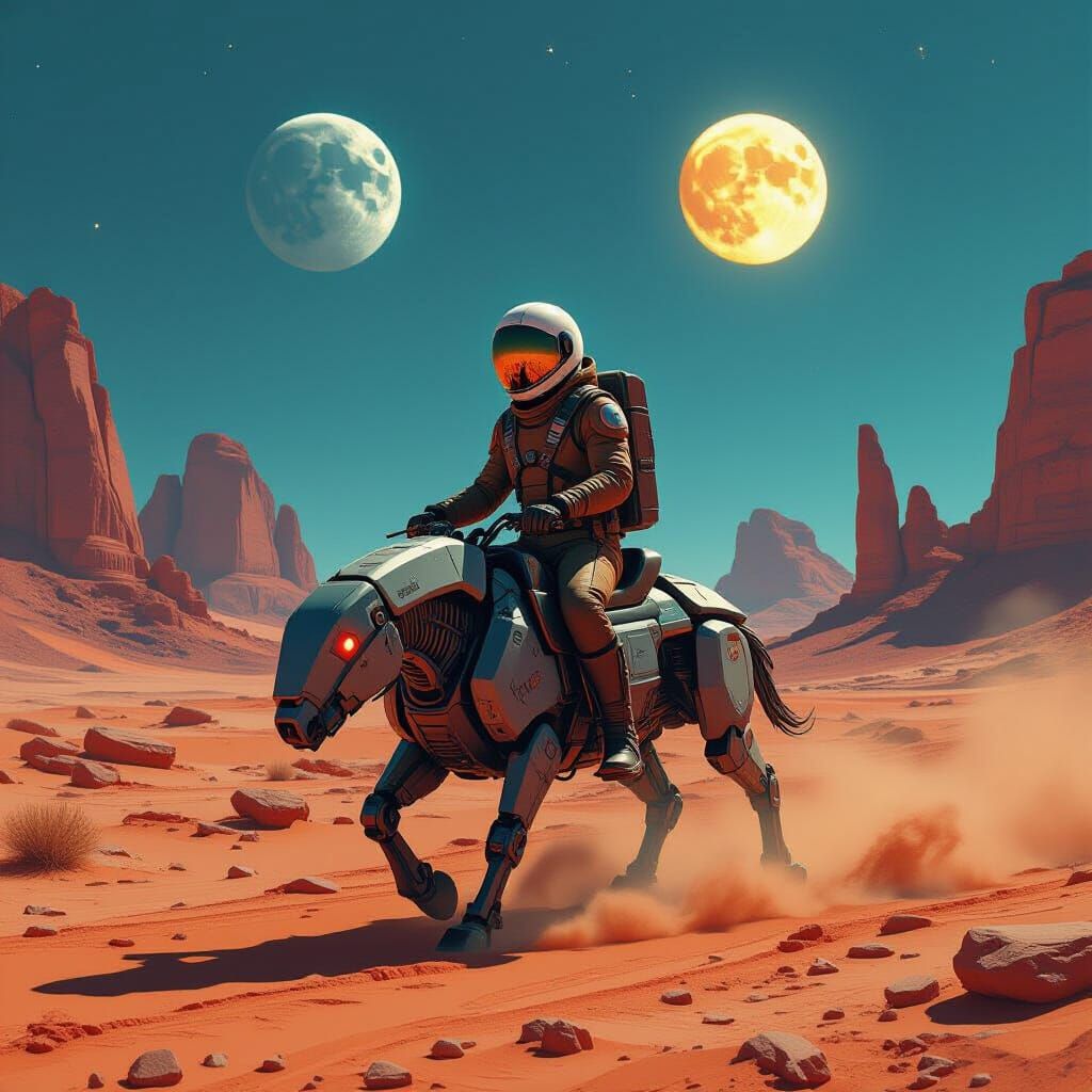 Astronaut Cowboy Rides Robotic Steed on Alien Planet