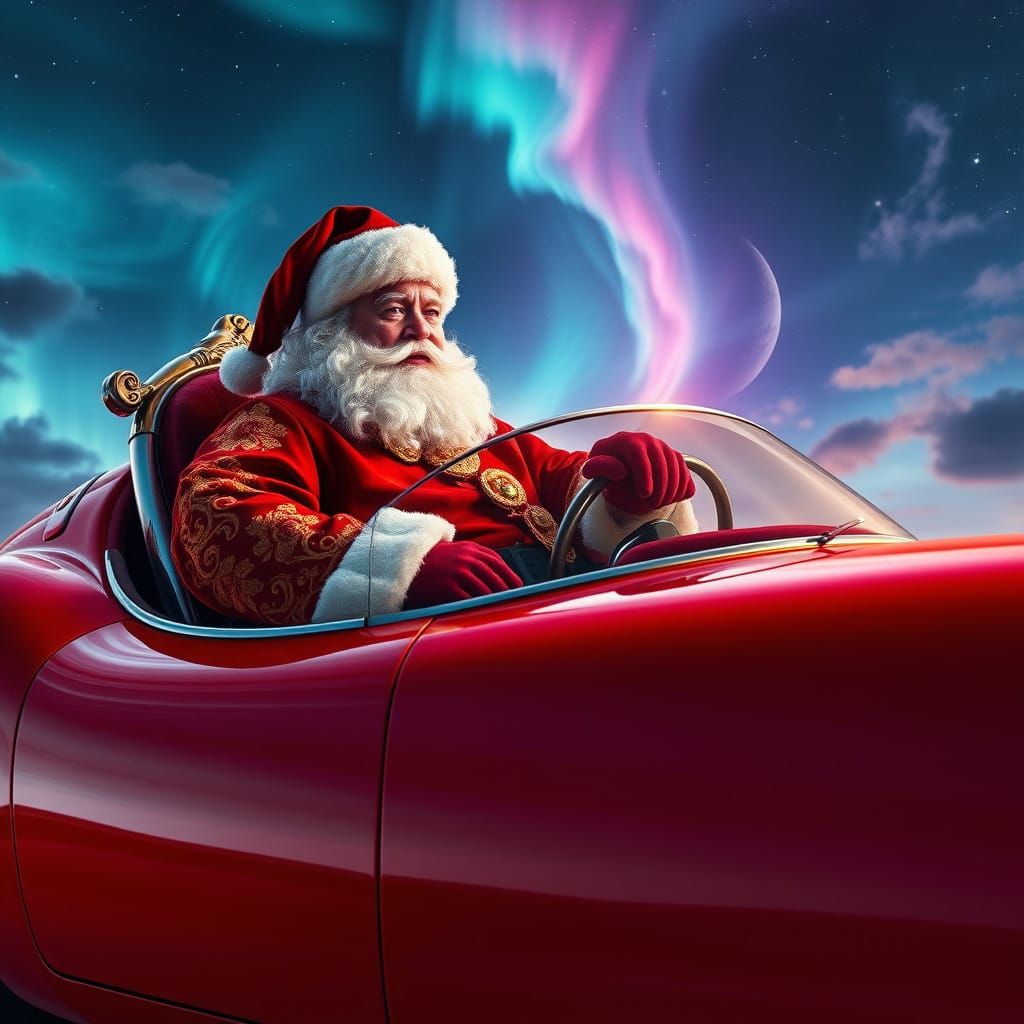 Regal Santa Claus in Crimson Robes Drives a Vibrant Red Musc...