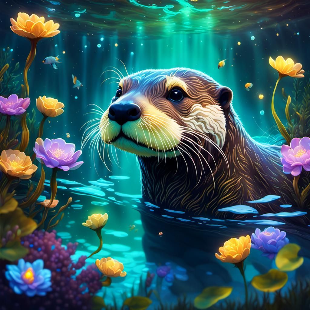 Fantastical Otters Swimming in a Luminescent River