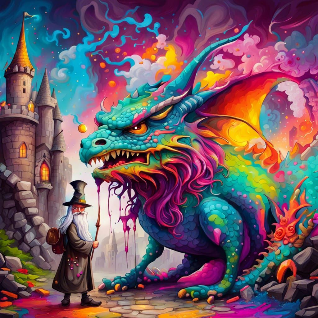 Whimsical Wizard and Dragon in Fantasyland Graffiti Art