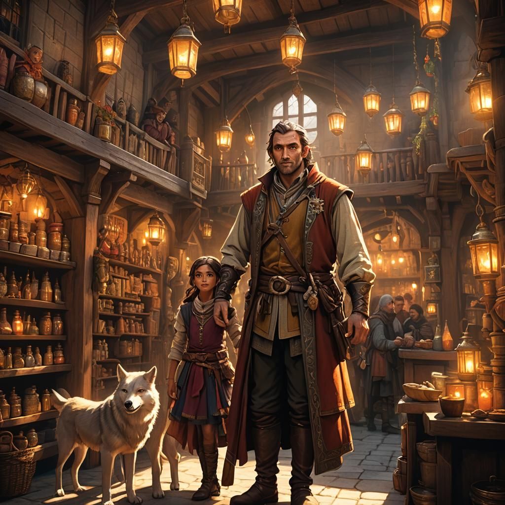 Medieval Shopkeeper with Wolf Photobomb: Fantasy Concept Art