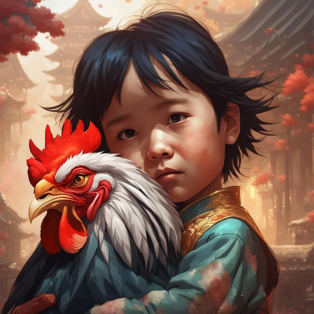 Toddler and Rooster Portrait in Art Nouveau Style