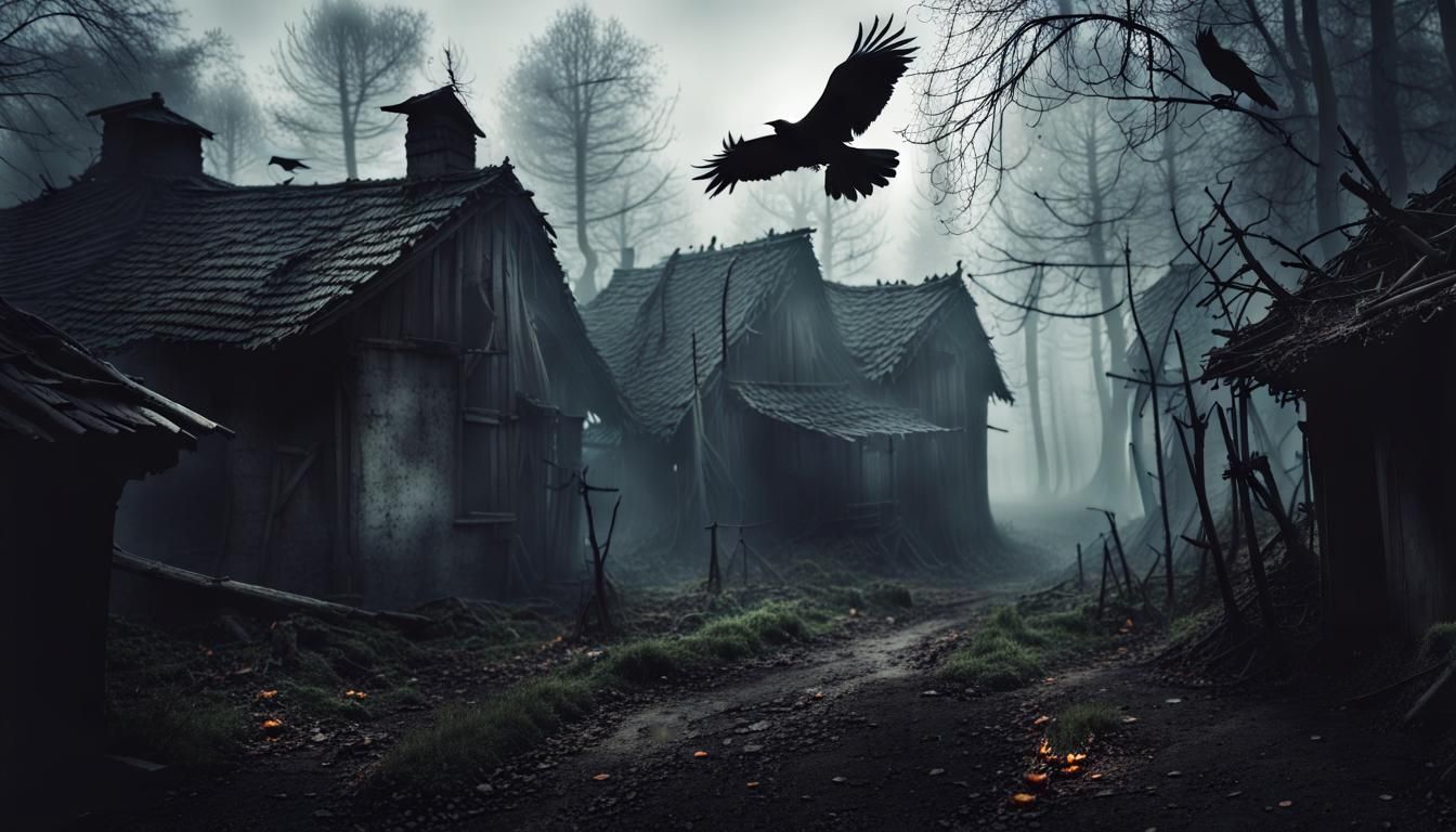 an old abandoned Hunted Village overgrown with forest dark a...