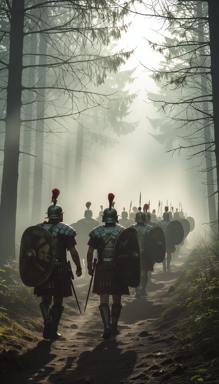 Roman Legion Marching Through Misty Forest