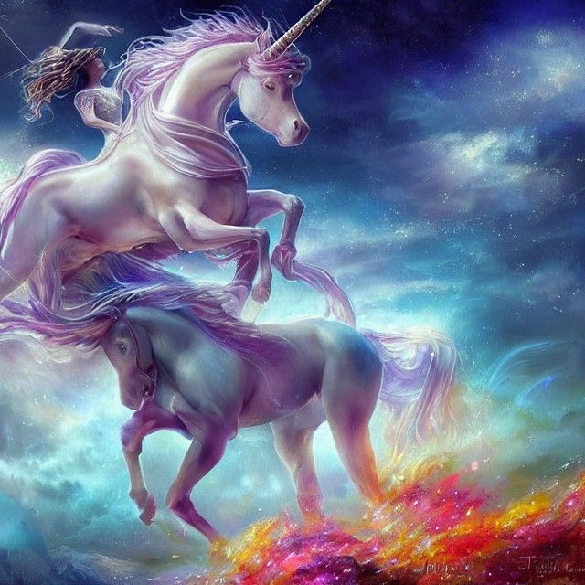 Ethereal Warrior Princess Riding Unicorn in the Sky