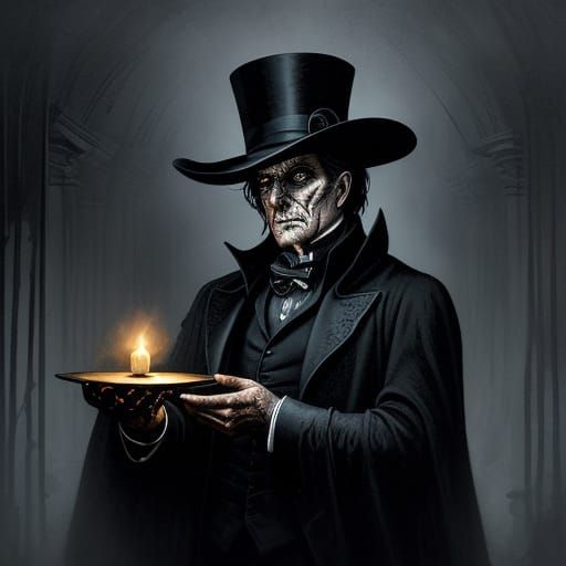 Enigmatic Illusionist in a Haunting, Surreal Chamber