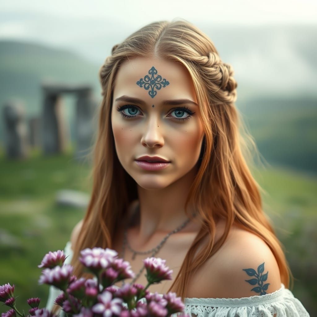 Celtic Woman Portrait with Heather and Stone Circles