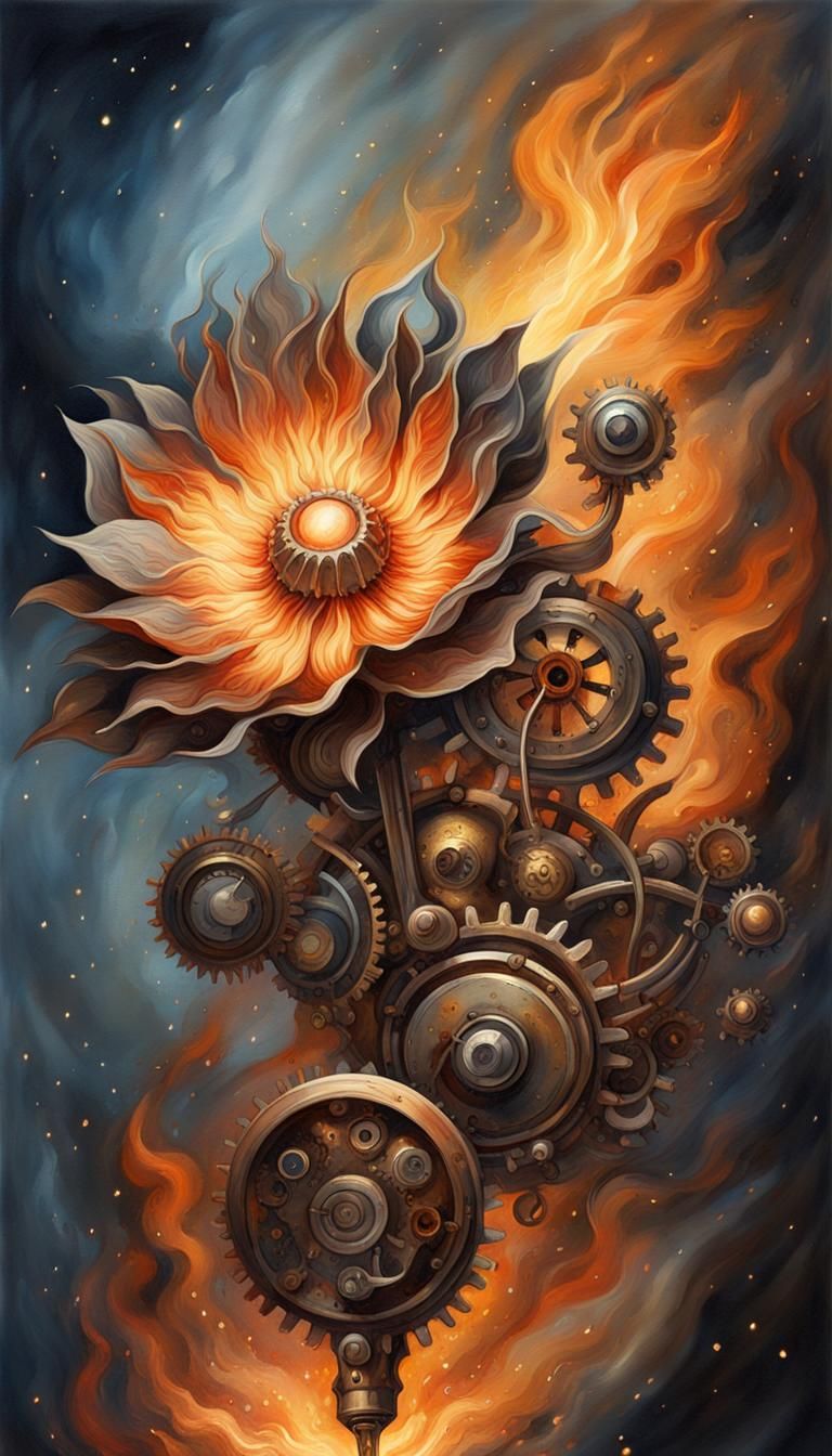 Steampunk Flower in Flames Oil Painting
