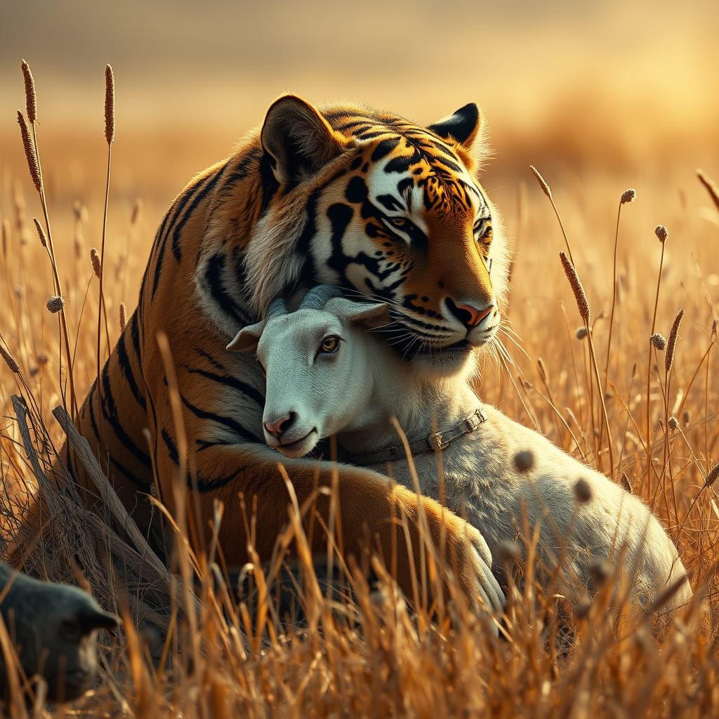 Tiger Cradles Goat in Dystopian Digital Painting