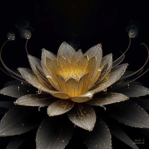 Surreal, Fractal Flower Blooms with Metallic Gold in Etherea...