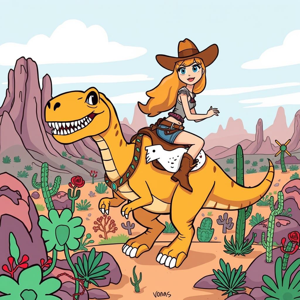 cartoon cowgirl riding a dinosaur