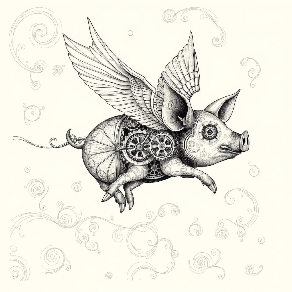Flying Pig Machine in Da Vinci Sketch Style