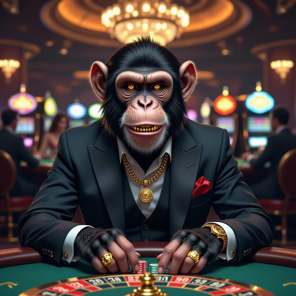 Gambling Monkey in Casino, Futuristic Art Style