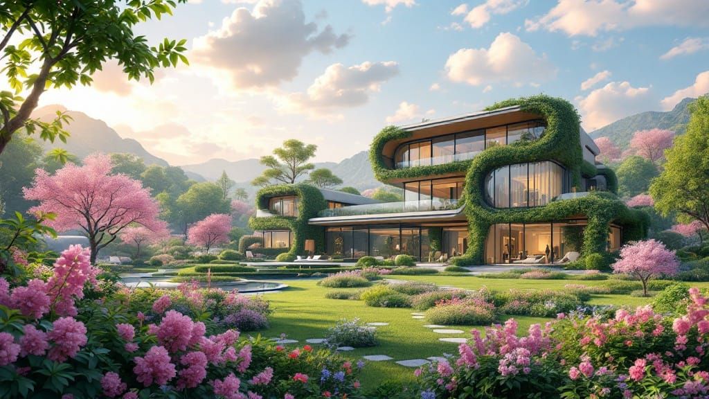 Eco-Modern Spring Mansion in Vibrant, 4K Cyberpunk Style