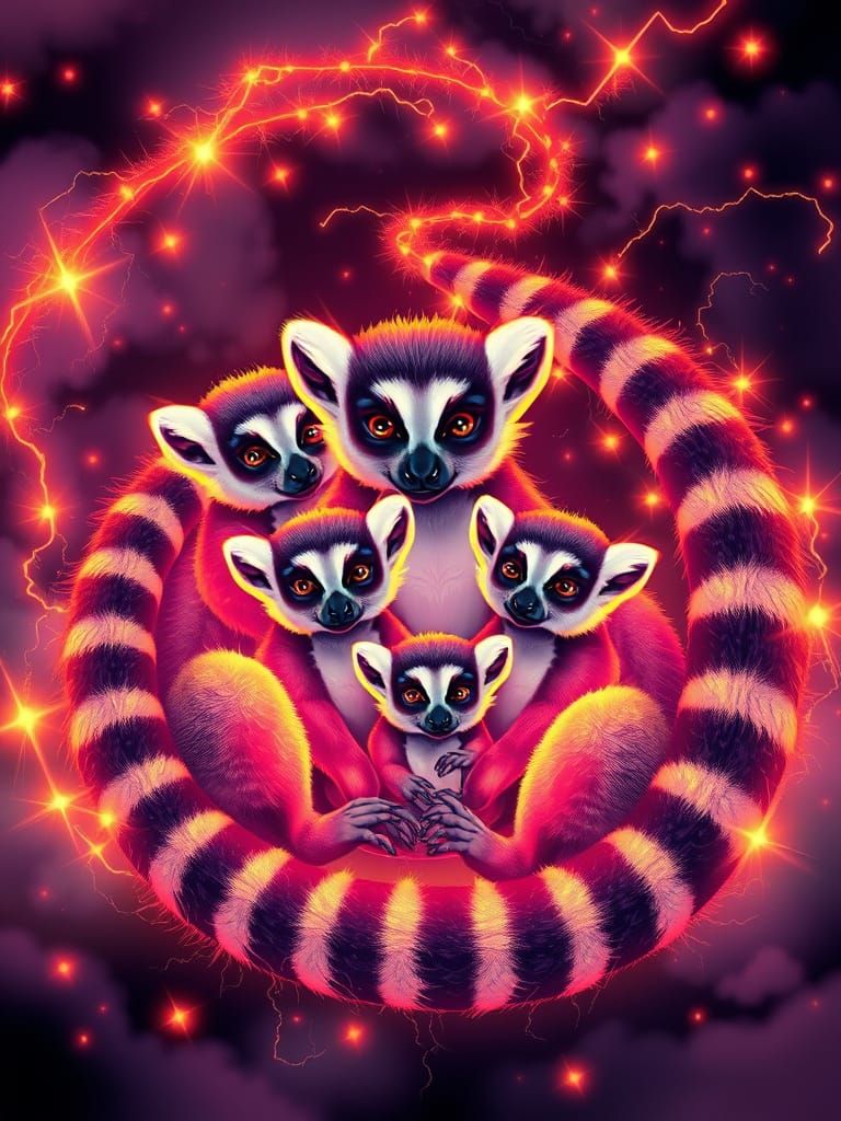 Lemur Family in Neon Feathers & Fibonacci Swirl
