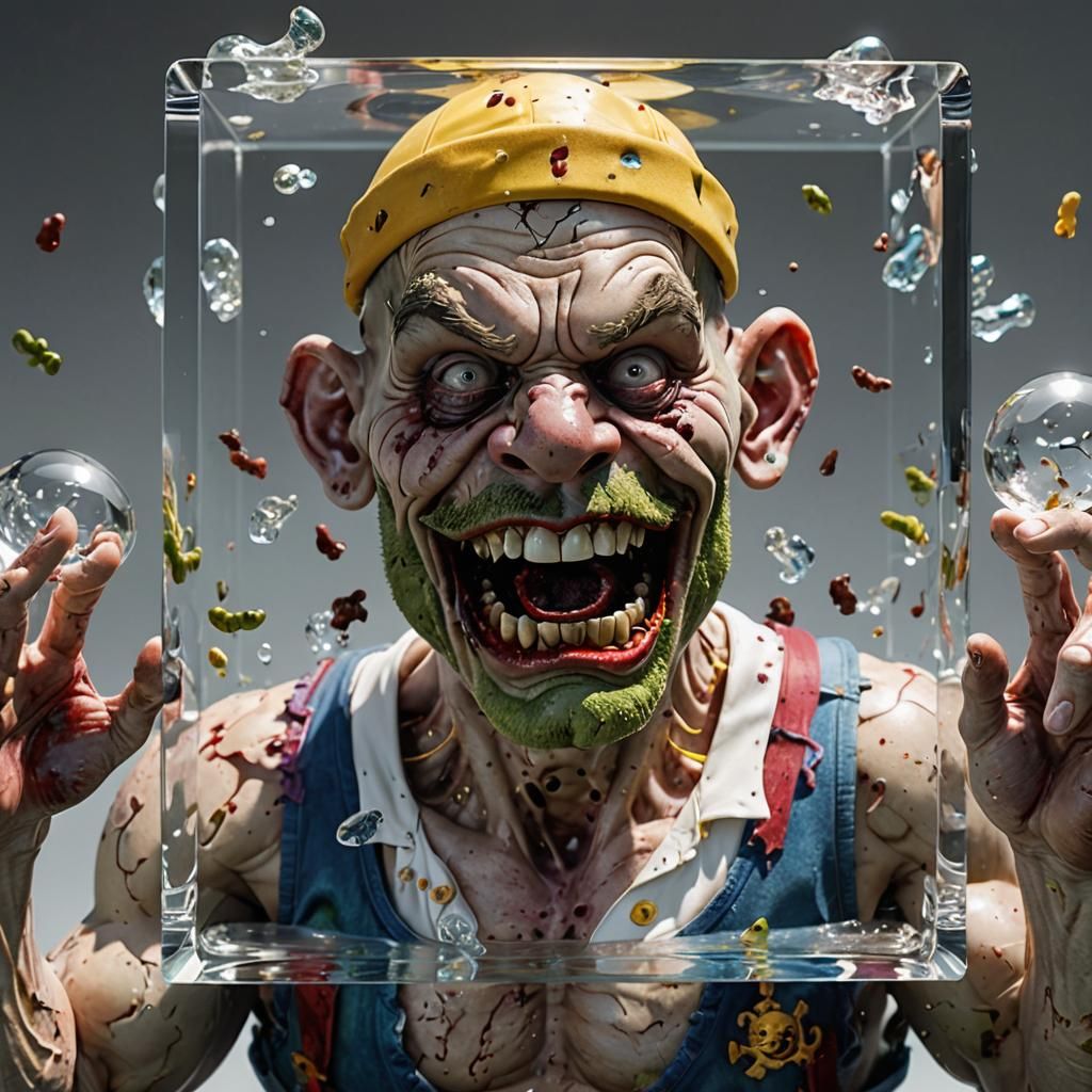 Zombie Popeye in Glass Cube: Hyperrealistic 3D Rendering