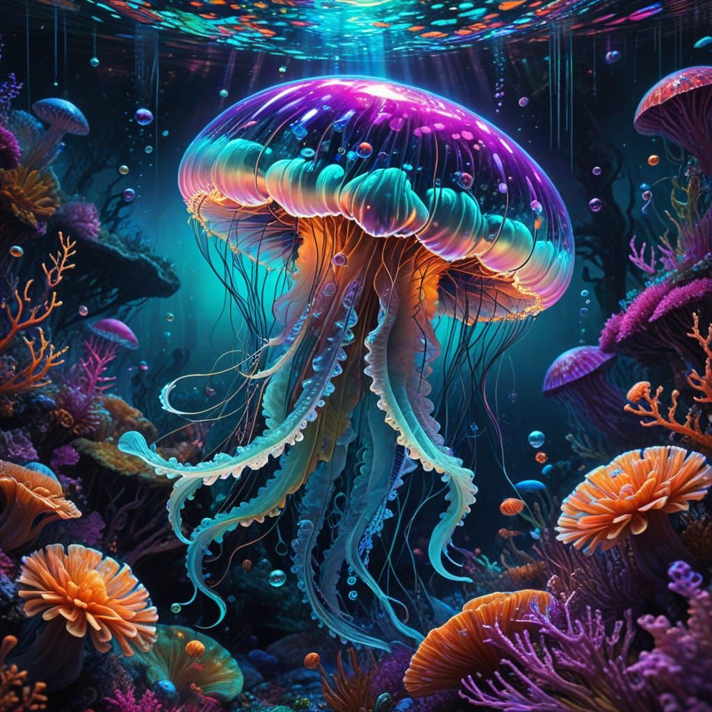 Dreamlike Jellyfish Drifts Through Cosmic Underwater Realm